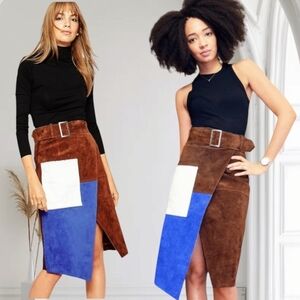 ASOS Brown Suede Pencil Skirt with Blue & White Panels